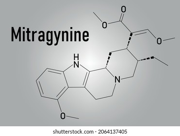 Mitragynine molecule. Herbal alkaloid present in kratom (ketum, Mitragyna speciosa). Skeletal formula.