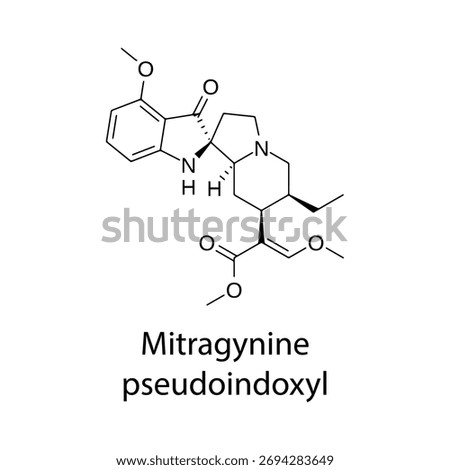 Mitragynine pseudoindoxyl molecular structure, potent oxidative metabolite of mitragynine with strong analgesic activity, clean scientific vector diagram, flat skeletal chemical formula isolated