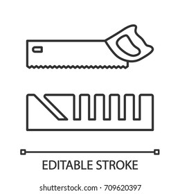 Mitre box and handle pad saw linear icon. Thin line illustration. Contour symbol. Vector isolated outline drawing. Editable stroke
