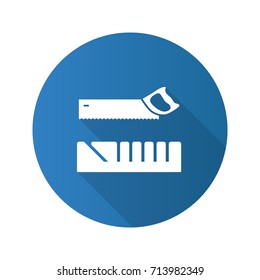 Mitre box and handle pad saw. Flat design long shadow glyph icon. Vector silhouette illustration