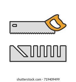 Mitre box and handle pad saw color icon. Isolated vector illustration