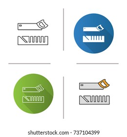 Mitre box and handle pad saw icon. Flat design, linear and color styles. Isolated vector illustrations