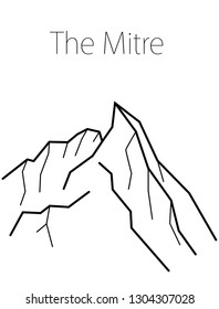 The Mitre, Pakistan. Vector black and white illustration of Karakoram mountains. Nature print design. Adventure, travel, tourism. Climbing. Isolated rocks on white background