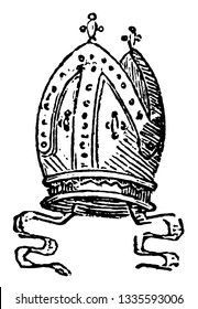 Mitre is a sacerdotal ornament for the head, vintage line drawing or engraving illustration.