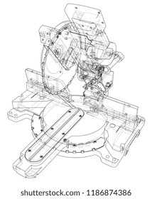 Mitre saw blade concept. Vector rendering of 3d. Wire-frame style. The layers of visible and invisible lines are separated