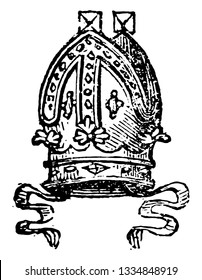 Mitre are worn by Roman Catholic archbishops, vintage line drawing or engraving illustration.