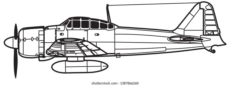 Mitsubishi A5M ZERO. Outline vector drawing