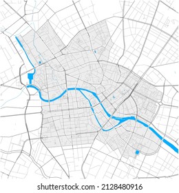 Mitte, Berlin, DEUTSCHLAND, high detail vector map with city boundaries and editable paths. White outlines for main roads. Many smaller paths. Blue shapes and lines for water.