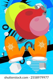 Mitten Glove and Christmas decoration ball geometrical graphic retro theme background. Minimal geometric elements. Vintage abstract shapes vector illustration.