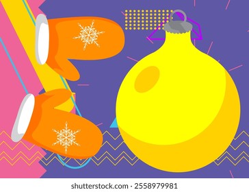 Mitten Glove and Christmas decoration ball geometrical graphic retro theme background. Minimal geometric elements. Vintage abstract shapes vector illustration.