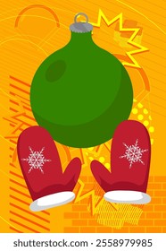 Mitten Glove and Christmas decoration ball geometrical graphic retro theme background. Minimal geometric elements. Vintage abstract shapes vector illustration.