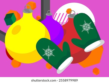 Mitten Glove and Christmas decoration ball geometrical graphic retro theme background. Minimal geometric elements. Vintage abstract shapes vector illustration.