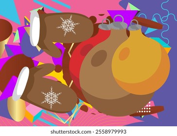 Mitten Glove and Christmas decoration ball geometrical graphic retro theme background. Minimal geometric elements. Vintage abstract shapes vector illustration.