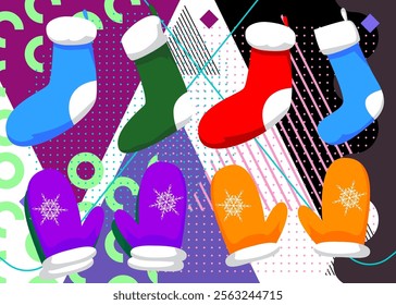 Mitten Glove and Christmas stocking geometrical graphic retro theme background. Minimal geometric elements. Vintage abstract shapes vector illustration.