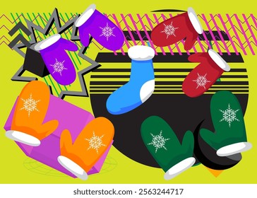 Mitten Glove and Christmas stocking geometrical graphic retro theme background. Minimal geometric elements. Vintage abstract shapes vector illustration.