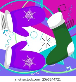 Mitten Glove and Christmas stocking geometrical graphic retro theme background. Minimal geometric elements. Vintage abstract shapes vector illustration.