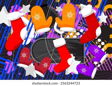 Mitten Glove and Christmas stocking geometrical graphic retro theme background. Minimal geometric elements. Vintage abstract shapes vector illustration.