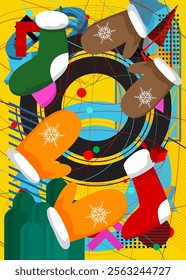 Mitten Glove and Christmas stocking geometrical graphic retro theme background. Minimal geometric elements. Vintage abstract shapes vector illustration.