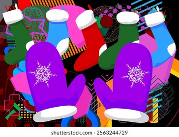 Mitten Glove and Christmas stocking geometrical graphic retro theme background. Minimal geometric elements. Vintage abstract shapes vector illustration.