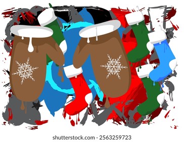 Mitten Glove and Christmas stocking graffiti. Abstract modern street art decoration performed in urban painting style.