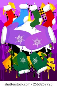 Mitten Glove and Christmas stocking graffiti. Abstract modern street art decoration performed in urban painting style.