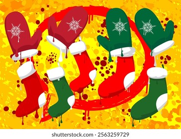 Mitten Glove and Christmas stocking graffiti. Abstract modern street art decoration performed in urban painting style.