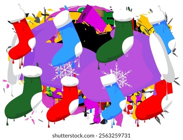 Mitten Glove and Christmas stocking graffiti. Abstract modern street art decoration performed in urban painting style.