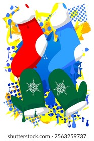 Mitten Glove and Christmas stocking graffiti. Abstract modern street art decoration performed in urban painting style.