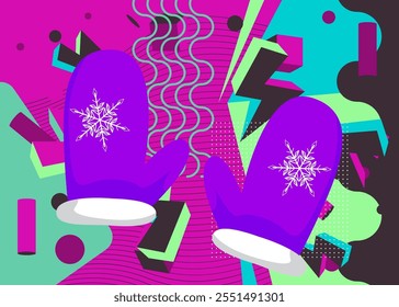 Mitten Glove geometrical graphic retro theme background. Minimal geometric elements. Vintage abstract shapes vector illustration.