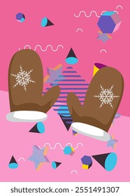 Mitten Glove geometrical graphic retro theme background. Minimal geometric elements. Vintage abstract shapes vector illustration.