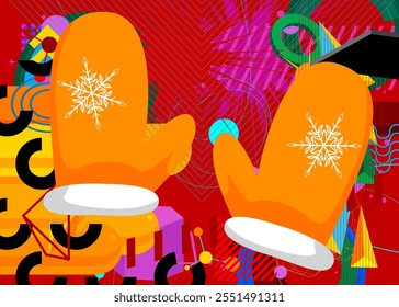 Mitten Glove geometrical graphic retro theme background. Minimal geometric elements. Vintage abstract shapes vector illustration.