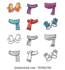 Mitten and gloves, scarves isolated on whitebackground. Vector illustration