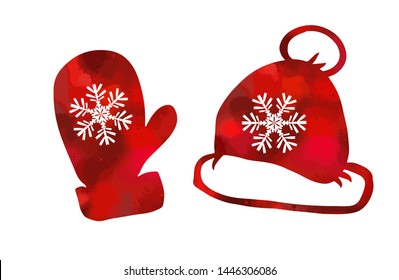 The mitten and hat of Santa Claus. Vector illustration