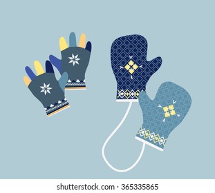 Mitten icon. Gloves icon. Pair of knitted christmas mittens. Winter mittens in soft vintage colors. Knitted warm mittens.  Pair of gloves. Mittens gloves for cold weathe. Vector illustration.