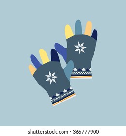 Mitten icon. Gloves icon. Pair of knitted christmas mittens. Winter mittens in soft vintage colors. Knitted warm mittens.  Pair of gloves. Mittens gloves for cold weathe. Vector illustration.