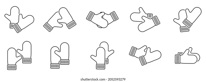 Mitten icon,. Set of mittens icons in flat linear design. Vector illustration. Black icons of winter mittens