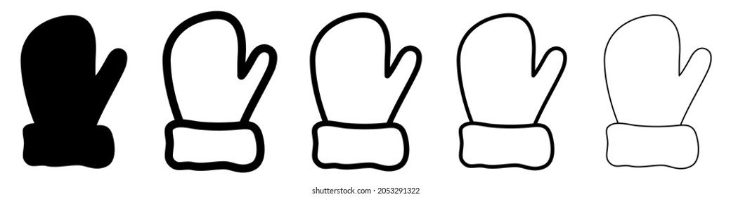 Mitten icon,. Set of mittens icons in flat linear design. Vector illustration. Black icons of winter mittens