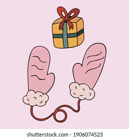 Mitten in rose colors with fur, string holding a gift box with a bow. Hygge christmas sign for a poster, greeting cards, templates, social media, stickers. Vector illustration with hand drawn outline.