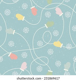 Mitten seamless patterns with snowflakes and snow background