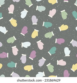 Mitten seamless patterns with snowflakes and snow background