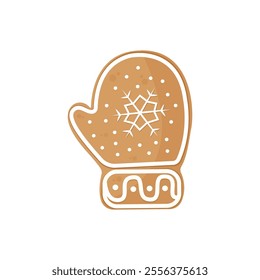 Mitten shaped Gingerbread Cookie with decorative icing. Traditional Christmas holiday cookies. Isolated a white background for card, postcard, cover. EPS 10