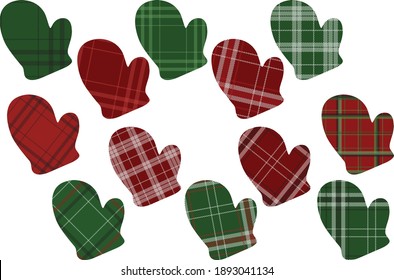 Mitten silhouettes. Clip art set buffalo plaid on white background