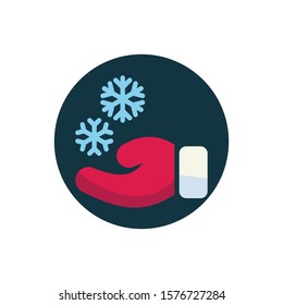 Mitten and snowflake flat icon. Round colorful button, circular vector sign. Hand and snowflake flat style design