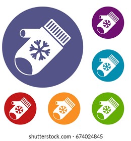Mitten with snowflake icons set in flat circle reb, blue and green color for web