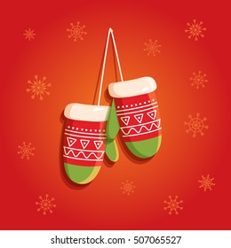Mitten and snowflakes. Merry christmas design elements. Bright cartoon background with holiday symbols. Vector illustration.