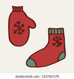 Mitten and sock, hand drawn Christmas doodle design elements. Winter holidays greeting card items isolated over white background. Vector illustration.