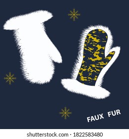 Mitten white fluffy faux fur -abstraktny fon- vector. Warm winter clothing. Fashion. Do it yourself