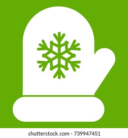 Mitten with white snowflake icon white isolated on green background. Vector illustration