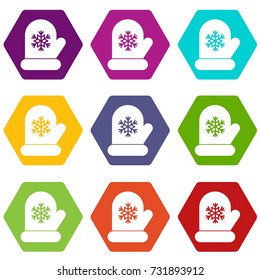 Mitten with white snowflake icon set many color hexahedron isolated on white vector illustration