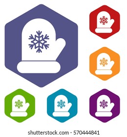 Mitten with white snowflake icons set rhombus in different colors isolated on white background